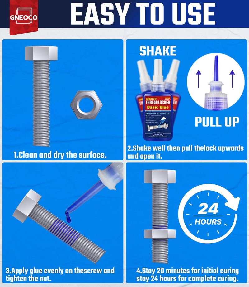 GNEOCO ThreadLocker Blue, Thread Lock Medium Strength Lock Tight for Nuts, Bolts, Fasteners and Metals, Anaerobic Curing Metal Glue to Prevent Loosening and Corrosion (medium-50ml) - Image 5